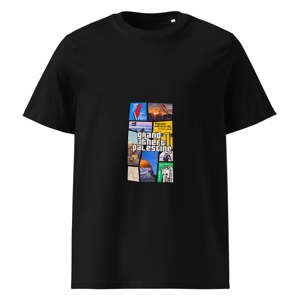 T-shirt regular organica nera vista di fronte, con collage a nove pannelli e scritta centrale Grand Theft Palestine