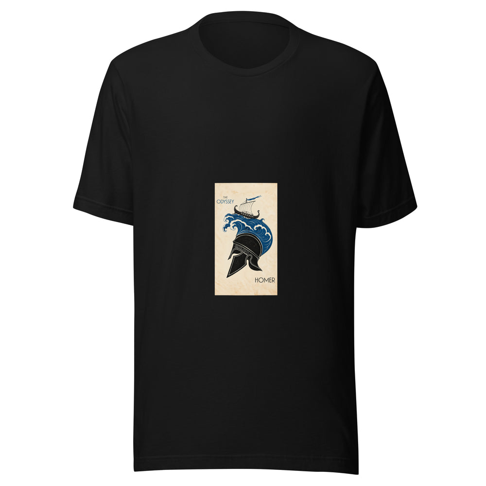 Maglietta unisex nera vista di fronte. Una nave a vela attraversa onde blu che diventano il cimiero di un elmo nero. Mockup del capo completo.