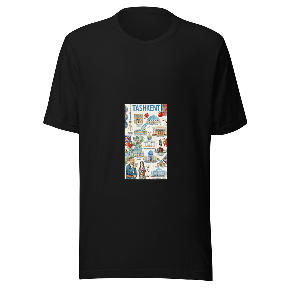 Maglietta unisex nera vista di fronte. Cupole azzurre, melograni, cotone e figure dipinte accompagnano il nome Tashkent e una serie di luoghi etichettati. Mockup del capo completo.