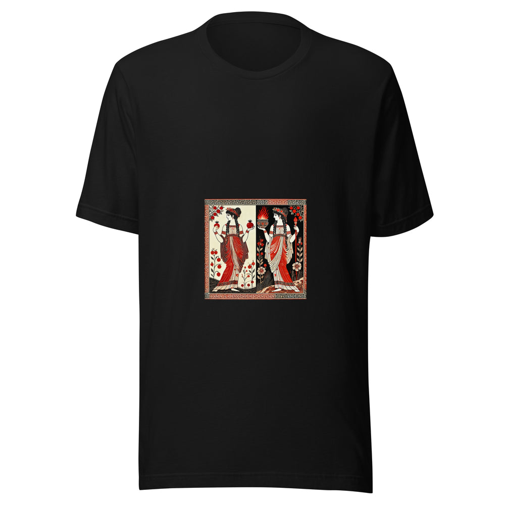 Maglietta unisex nera vista di fronte. Due figure in abiti rossi e avorio dividono un pannello chiaro e uno nero: melograni da una parte, braciere e torcia dall’altra. Mockup del capo completo.