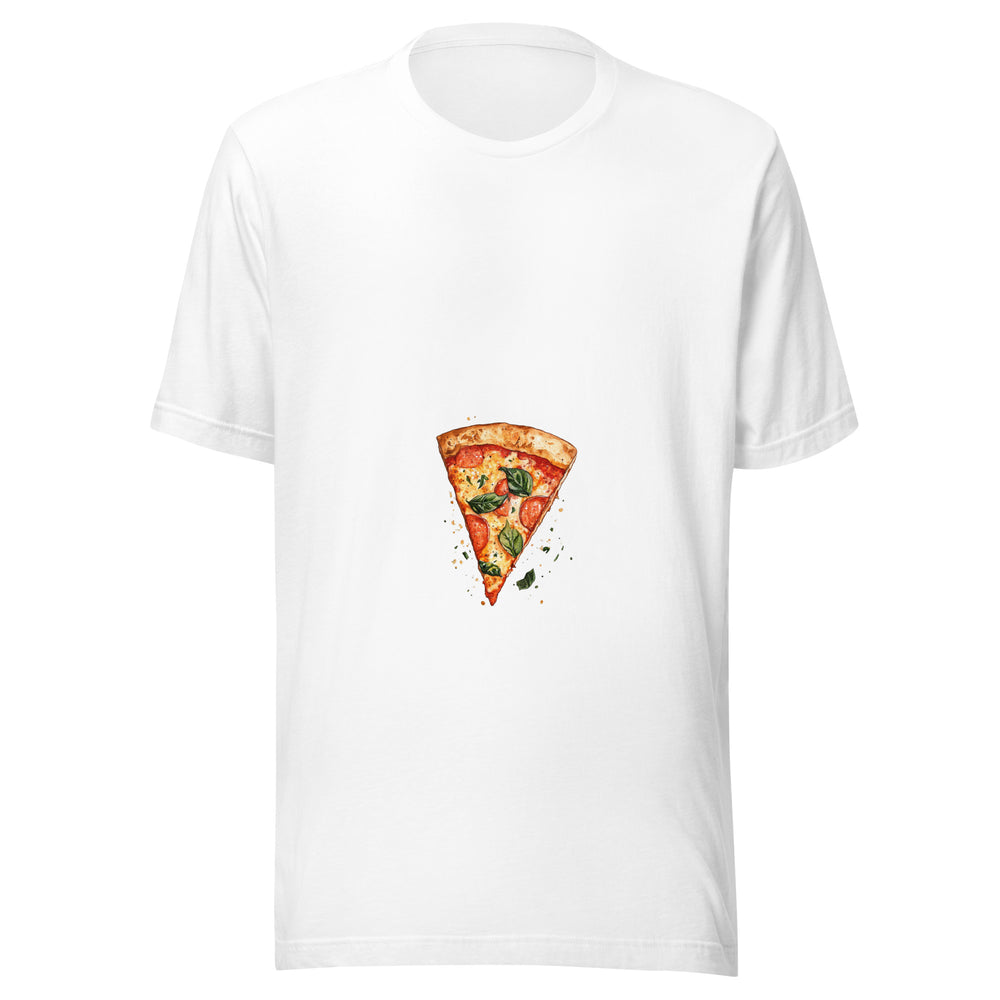 Maglietta unisex bianca vista di fronte. Una fetta triangolare riunisce crosta dorata, dischi rossi e foglie verdi, con piccoli spruzzi di colore attorno. Mockup del capo completo.