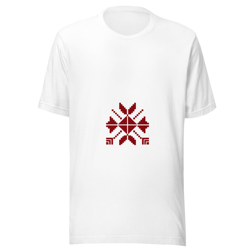 Maglietta unisex bianca vista di fronte. Una stella rossa a otto punte è selezionata dalla raccolta di motivi mostrata nel Pin. Mockup del capo completo.