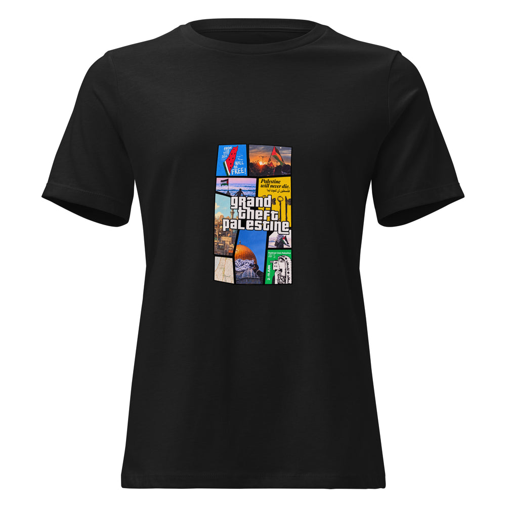 T-shirt donna morbida nera vista di fronte, con collage a nove pannelli e scritta centrale Grand Theft Palestine