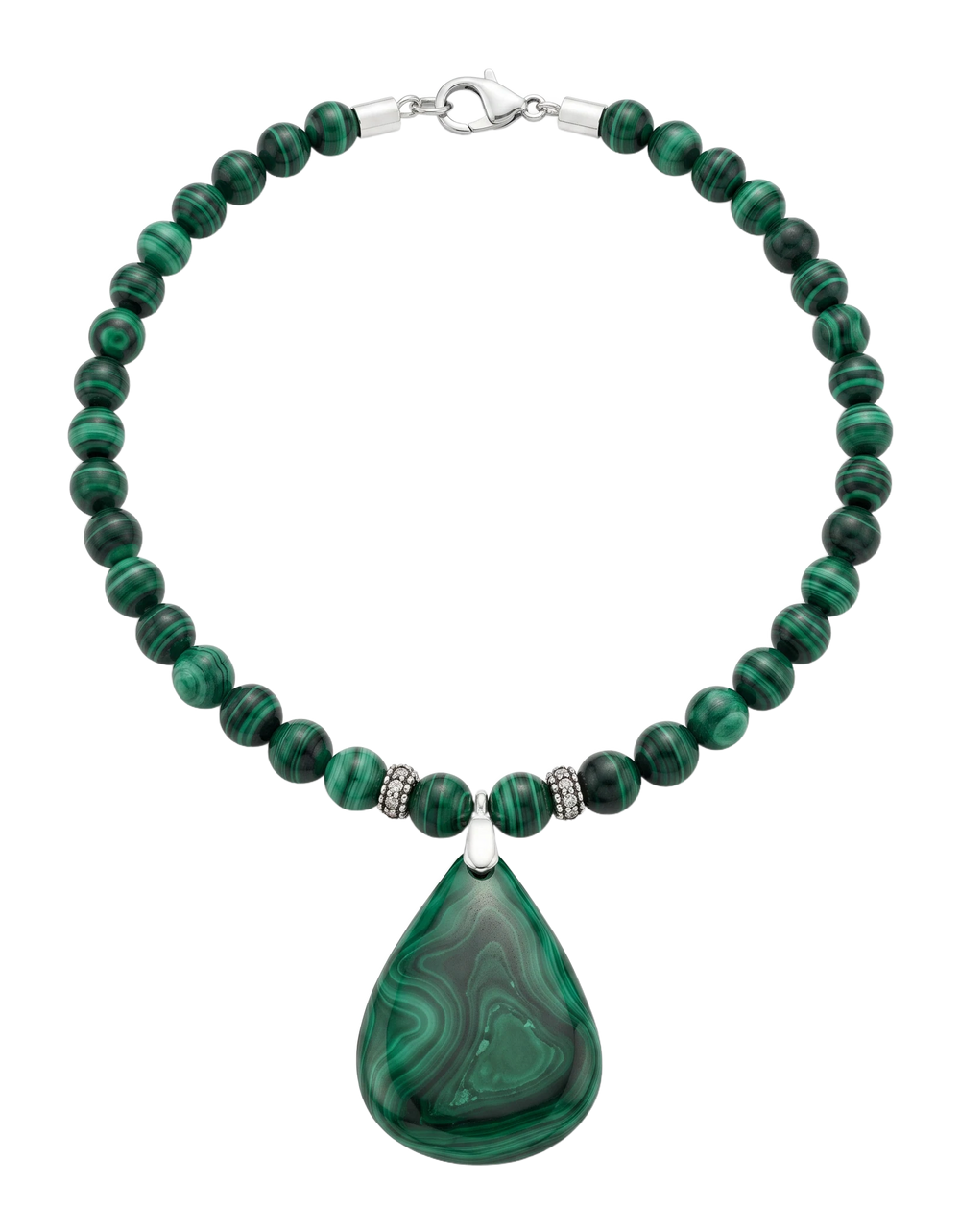 Collana di sfere di malachite verde con pendente a goccia lucidato e cappuccio in argento