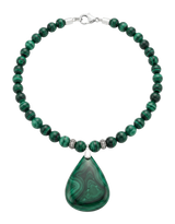 Collana di sfere di malachite verde con pendente a goccia lucidato e cappuccio in argento