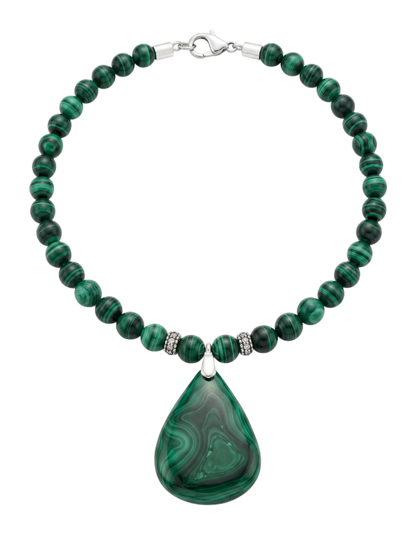 Collana di sfere di malachite verde con pendente a goccia lucidato e cappuccio in argento