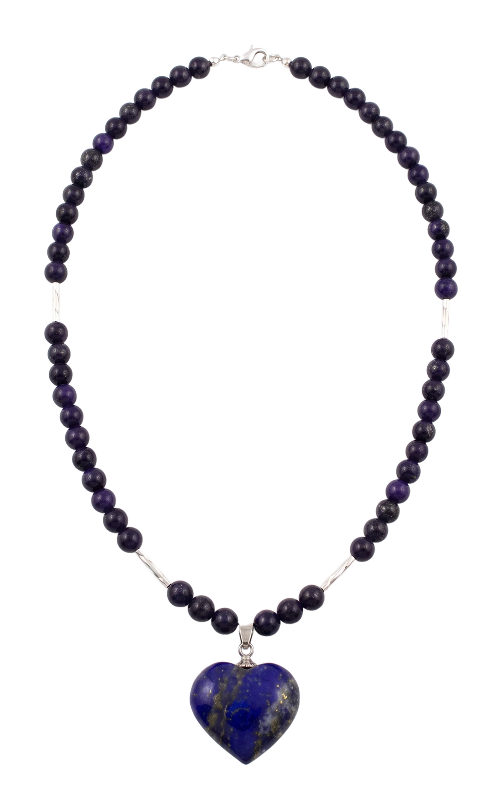 Collana di sfere di lapislazzuli blu notte con pendente a cuore appeso a un occhiello d'argento