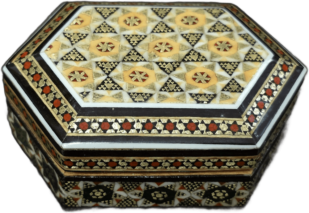 Alba di Isfahan: esagono allungato con coperchio a incastro, vista principale su fondo bianco