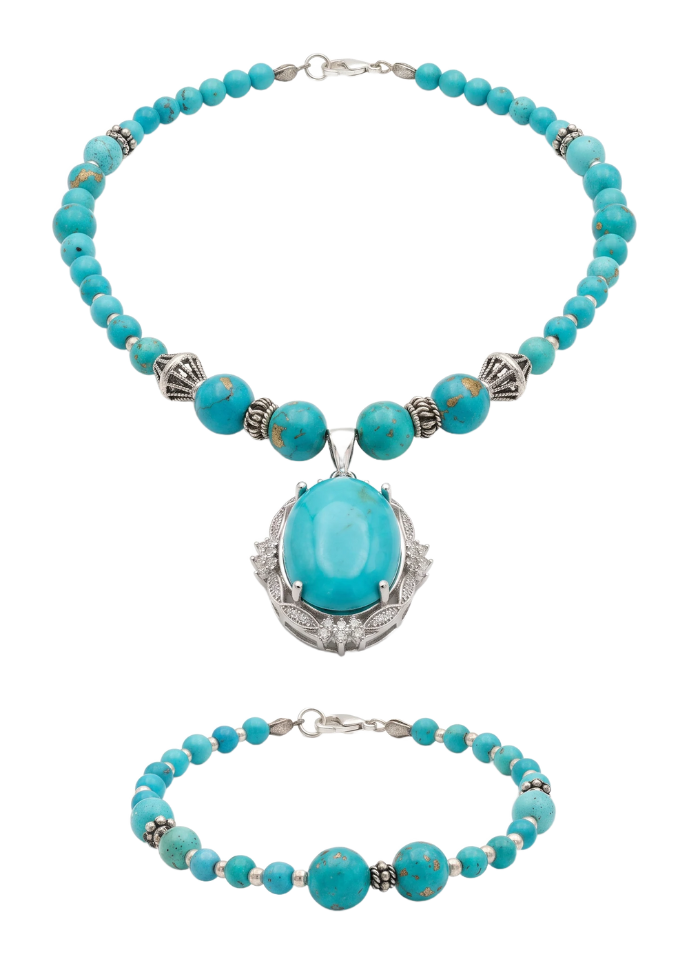 Collana e bracciale in grani di turchese, con pendente ovale a cabochon