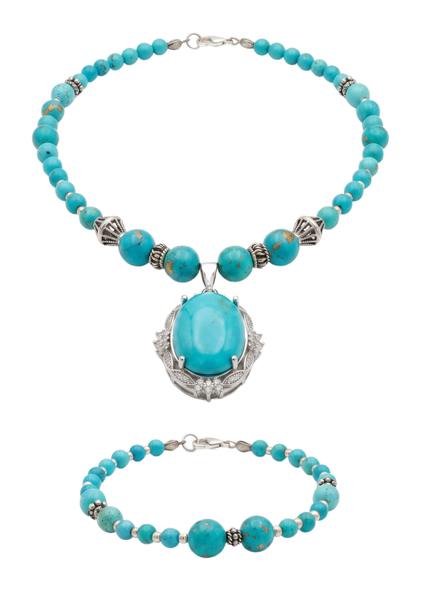 Collana e bracciale in grani di turchese, con pendente ovale a cabochon