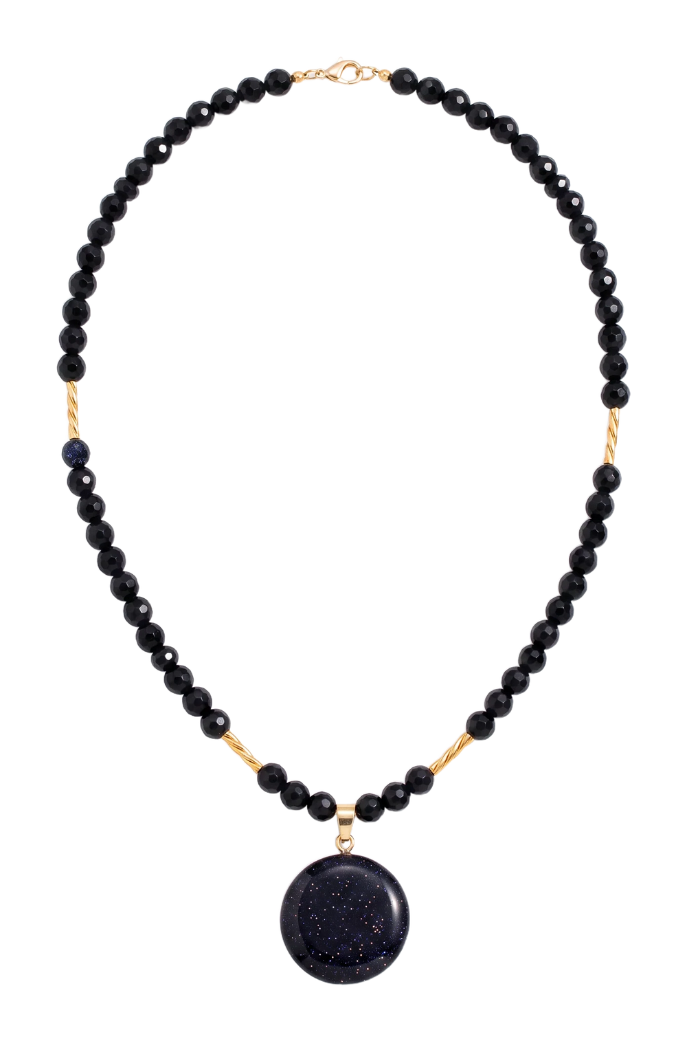 Collana di grani neri sfaccettati con pendente tondo blu notte
