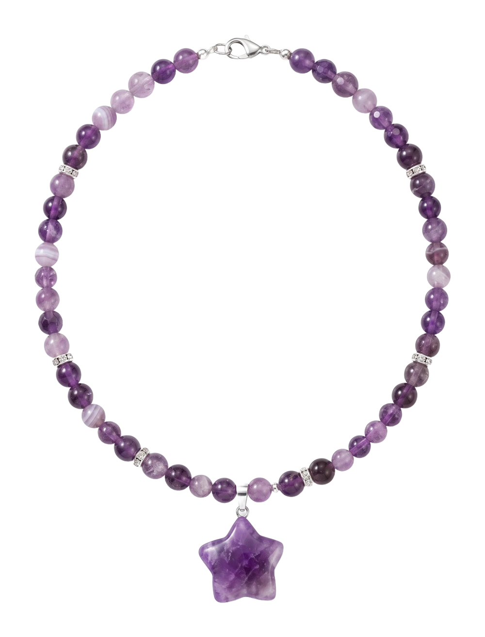 Collana di sfere d'ametista con distanziatori d'argento e pendente a stella viola