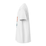 T-shirt in cotone pesante bianca, vista laterale sinistra con stampa More Pasta Less Drama sul fronte