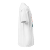 T-shirt in cotone pesante bianca, vista laterale destra con stampa More Pasta Less Drama sul fronte