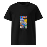T-shirt regular organica nera vista di fronte, con collage a nove pannelli e scritta centrale Grand Theft Palestine