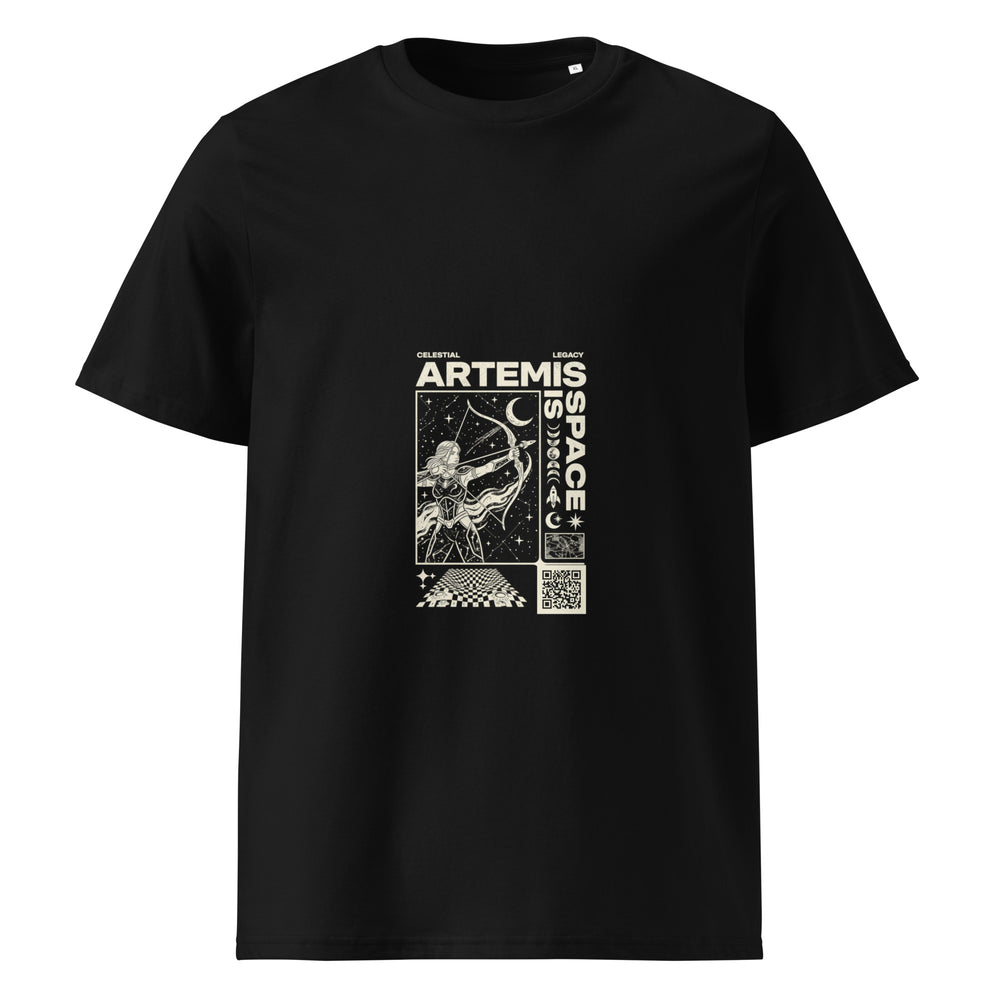 T-shirt regular organica nera vista di fronte, con Artemide arciera, stelle, luna, scritte color avorio e QR