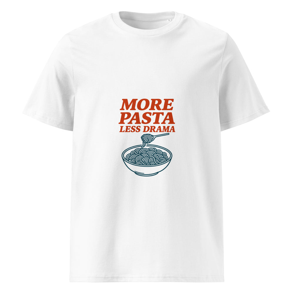 T-shirt regular organica bianca vista di fronte, con scritta arancione More Pasta Less Drama e ciotola petrolio di spaghetti sollevati da una forchetta