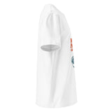 T-shirt regular organica bianca, vista laterale destra con stampa More Pasta Less Drama sul fronte