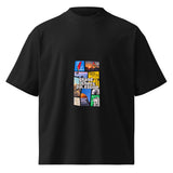 T-shirt oversize organica nera vista di fronte, con collage a nove pannelli e scritta centrale Grand Theft Palestine