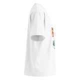 T-shirt oversize organica bianca, vista laterale destra con stampa More Pasta Less Drama sul fronte