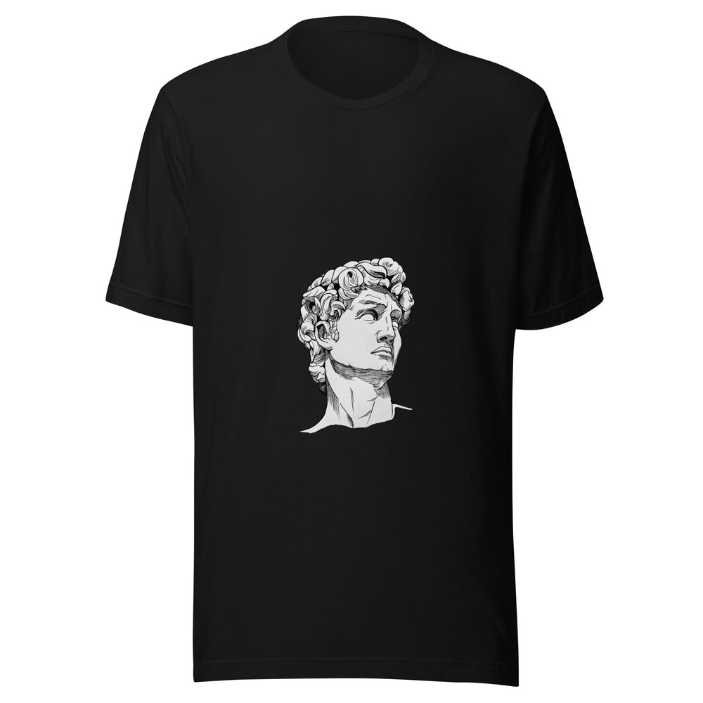 Maglietta unisex nera vista di fronte. Ricci fitti, profilo deciso e ombre a tratteggio trasformano in disegno il volto indicato dal Pin come «Statue of David». Mockup del capo completo.