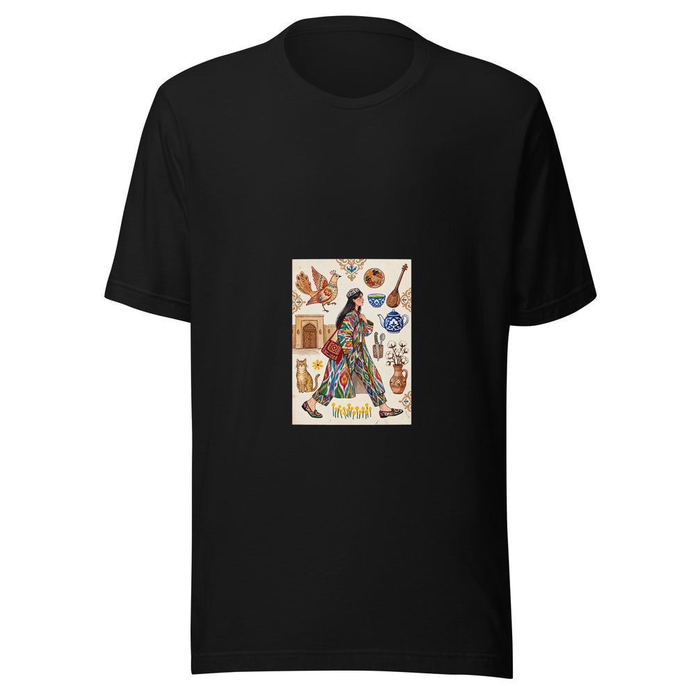 Maglietta unisex nera vista di fronte. Una figura cammina fra un gatto, un uccello decorativo, una teiera, fiori e rami di cotone. Mockup del capo completo.
