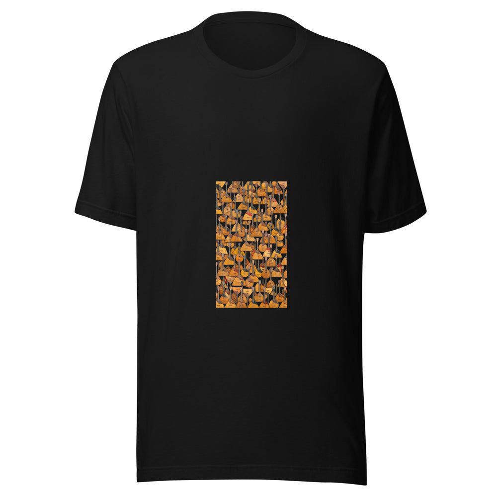 Maglietta unisex nera vista di fronte. Corpi triangolari e arrotondati, manici lunghi e piccole decorazioni riempiono una parete nei toni caldi del legno. Mockup del capo completo.