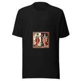 Maglietta unisex nera vista di fronte. Due figure in abiti rossi e avorio dividono un pannello chiaro e uno nero: melograni da una parte, braciere e torcia dall’altra. Mockup del capo completo.