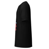Maglietta unisex nera vista dal lato sinistro, con stampa frontale