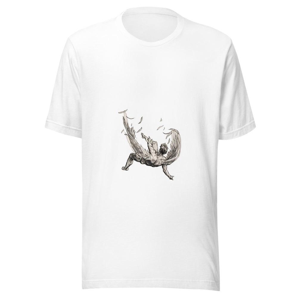 Maglietta unisex bianca vista di fronte. Un corpo alato precipita con il volto rivolto verso l’alto, tra ali aperte e piume sparse. Mockup del capo completo.