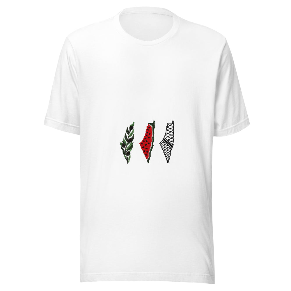 Maglietta unisex bianca vista di fronte. Tre sagome affiancate sono riempite da un ramo verde, un’anguria e un motivo di kefiah. Mockup del capo completo.
