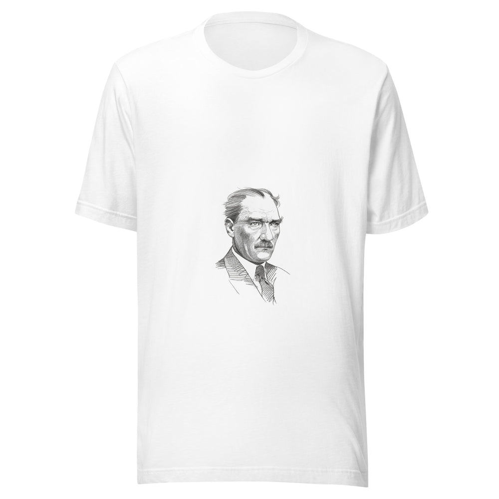 Maglietta unisex bianca vista di fronte. Il busto di tre quarti raffigura Atatürk con un fitto tratteggio, dai capelli ai risvolti della giacca. Mockup del capo completo.