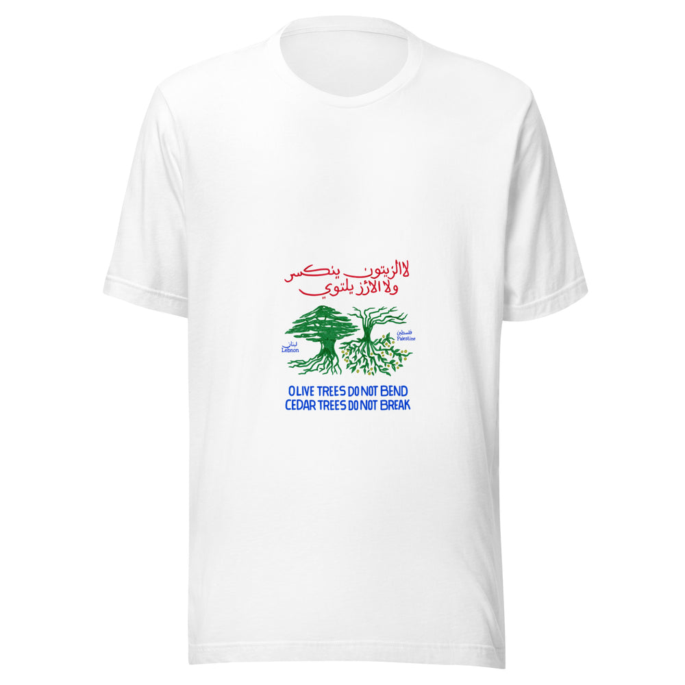 Maglietta unisex bianca vista di fronte. Un cedro eretto e un ulivo capovolto accostano Libano e Palestina attraverso radici e rami. Mockup del capo completo.