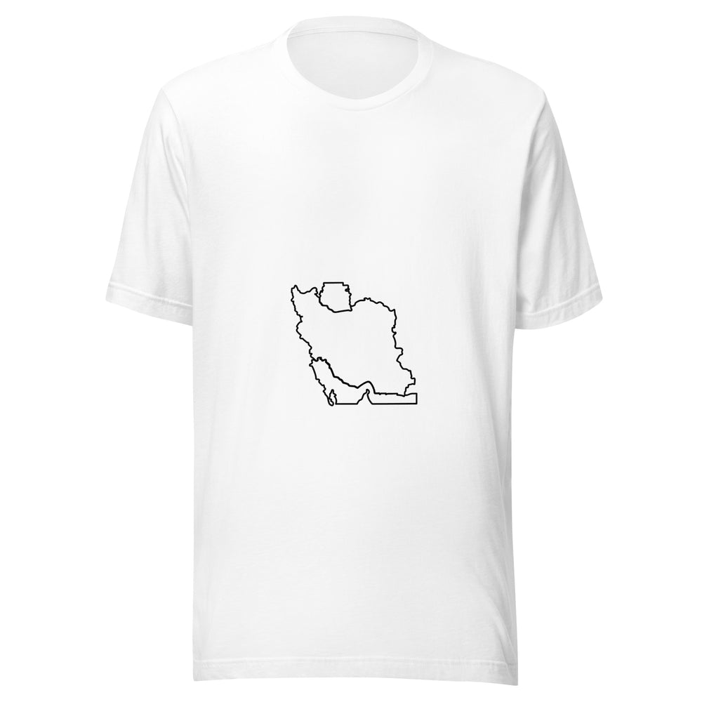 Maglietta unisex bianca vista di fronte. Una linea nera descrive schematicamente l’Iran insieme a due profili d’acqua, a nord e a sud. Mockup del capo completo.