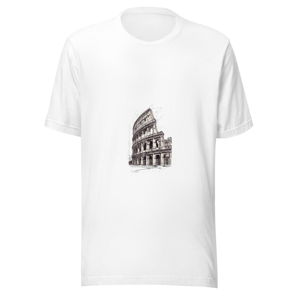 Maglietta unisex bianca vista di fronte. Archi sovrapposti e una facciata curva salgono dal punto di vista ribassato. Mockup del capo completo.