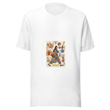 Maglietta unisex bianca vista di fronte. Una figura cammina fra un gatto, un uccello decorativo, una teiera, fiori e rami di cotone. Mockup del capo completo.