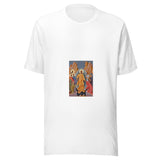 Maglietta unisex bianca vista di fronte. Cristo, in veste dorata entro una mandorla, tende le mani verso Adamo ed Eva; sotto i piedi compaiono porte abbattute e ferri spezzati. Mockup del capo completo.