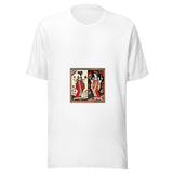 Maglietta unisex bianca vista di fronte. Due figure in abiti rossi e avorio dividono un pannello chiaro e uno nero: melograni da una parte, braciere e torcia dall’altra. Mockup del capo completo.