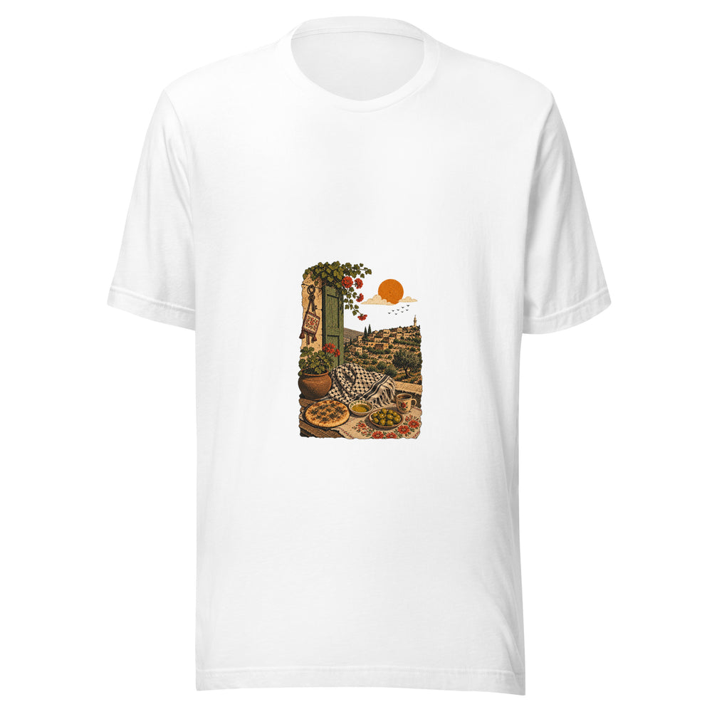 Maglietta unisex bianca vista di fronte. Pane, olive, una ciotola e una tazza occupano il tavolo, accanto a una kefiah drappeggiata. Mockup del capo completo.