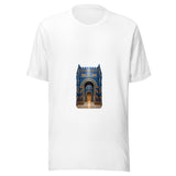 Maglietta unisex bianca vista di fronte. Archi successivi guidano lo sguardo attraverso pareti di mattoni blu, fasce color oro e figure animali, fino al corridoio luminoso. Mockup del capo completo.