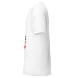 Maglietta unisex bianca vista dal lato sinistro, con stampa frontale