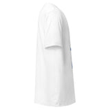 Maglietta unisex bianca vista dal lato destro, con stampa frontale