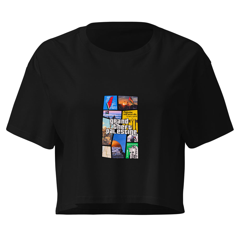 Crop top nero vista di fronte, con collage a nove pannelli e scritta centrale Grand Theft Palestine
