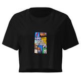 Crop top nero vista di fronte, con collage a nove pannelli e scritta centrale Grand Theft Palestine