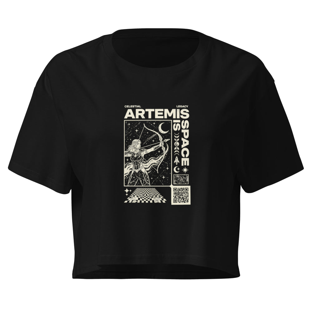 Crop top nero vista di fronte, con Artemide arciera, stelle, luna, scritte color avorio e QR
