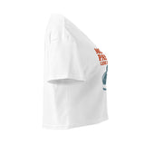 Crop top bianco, vista laterale destra con stampa More Pasta Less Drama sul fronte