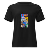 T-shirt donna morbida nera vista di fronte, con collage a nove pannelli e scritta centrale Grand Theft Palestine