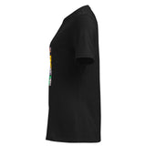 T-shirt donna morbida nera vista laterale sinistra, con collage stampato sul fronte
