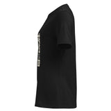 T-shirt donna morbida nera vista dal lato sinistro, con stampa frontale di Artemide
