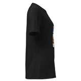 T-shirt donna morbida nera vista laterale destra, con collage stampato sul fronte